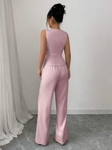 Selianne Women Elegant Sleeveless Top And Pants Set, Business Commute Old Money Style, Suitable For Summer Holiday And Date - Pink - View 2