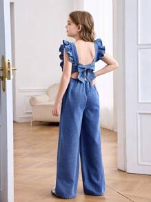 SHEIN Tween Girls Spring Summer Break Solid Washed Sleeveless Backless Openback Jumpsuit With Bowknot And Ruffle Trim,Casual Style And Casual Fit,Girls Summer Beach Boho Vacation Causal Outfits,Rave Concert Festival Outfits