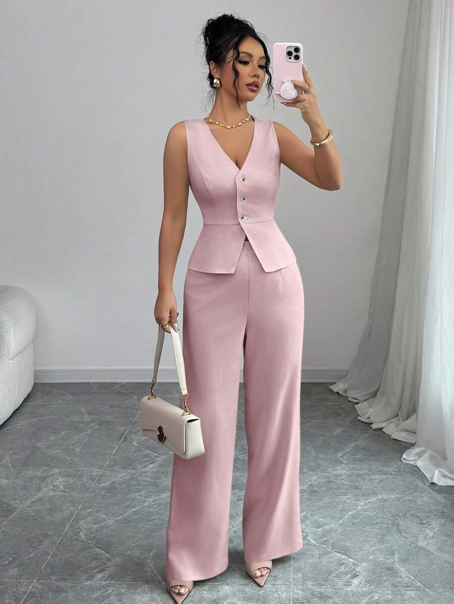 Selianne Women Elegant Sleeveless Top And Pants Set, Business Commute Old Money Style, Suitable For Summer Holiday And Date - Pink - View 1