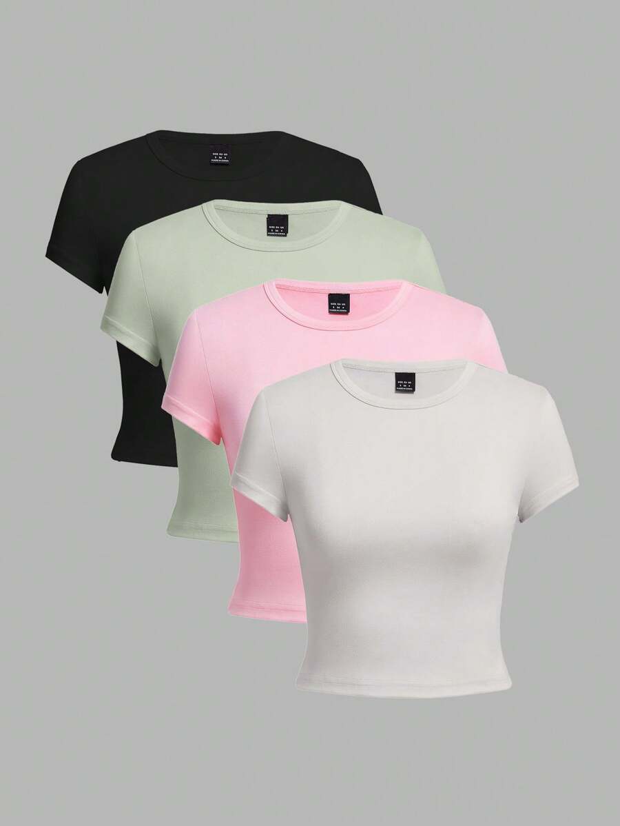 SHEIN EZwear 4 件套黑色、绿色、粉色、灰色休闲圆领短袖紧身女士 T 恤，适合夏季 - 彩色 - 查看 1