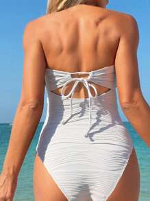 Swim Vcay Beach Summer Women's Fashion Solid Color Textured Seashell & Starfish Pendant Detachable Strapless & Halter Backless Hollow Out Sexy One-Piece Swimsuit White