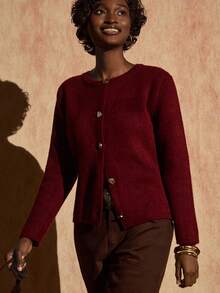 Bóhologie Pique Knitting Type Thick Knitted Cardigan With Gold Button Accessory Elegant Style Burgundy Cardigan,Cardigans For Women,Long Cardigans Woman,Petite Cardigans,Cardigans - Burgundy - View 5