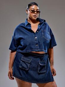 MUSERA Plus Size Boxy Cropped Button Through Short Sleeve Denim Jacket Only Summer Streetstyle Vacation Holiday 90's Y2k Cute Casual City Muse Streetwear Back To School
