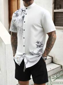 Manfinity RSRT Men's Woven Digitally Positioned Branch Print Shirt And Shorts Set - Black and White - View 3