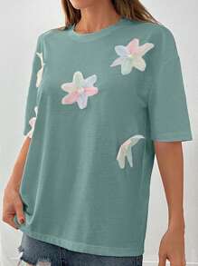 SHEIN Maglietta a maniche corte con applicazioni floreali, maglietta grafica stagionale estiva da donna