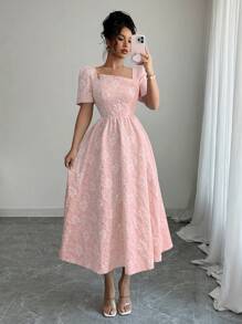 Elenzga New Women Textured Floral Woven Fabric Solid Color Short Sleeve Asymmetrical Back Tied Fashion Young Fitted Commuting Casual Midi Dress, Waist-Cinching Slimming Elegant Versatile - Pink - View 7
