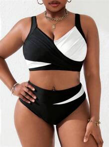 Slaydiva Bộ đồ bơi Tankini xếp nếp cỡ lớn cho nữ màu đen/hồng, khu nghỉ dưỡng bãi biển mùa hè - Đen và trắng - Xem 3