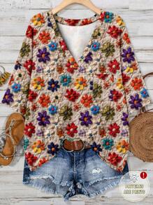 EMERY ROSE Vacation Casual Floral Print Loose Short Sleeve V-Neck Pocket T-Shirt, Plus Size, Suitable For Summer  Woman S Summer Clothes