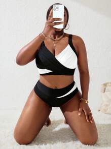 Slaydiva Bộ đồ bơi Tankini xếp nếp cỡ lớn cho nữ màu đen/hồng, khu nghỉ dưỡng bãi biển mùa hè - Đen và trắng - Xem 6
