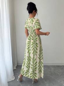 Selianne 女士春夏度假风沙滩裙，法式优雅喇叭袖褶皱抽绳腰部侧开衩A字裙，适合下午茶派对 - 綠色 - 查看 2