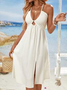 Breezaya Robe mi-longue décontractée et romantique pour les vacances d'été, col en V profond, attachée dans le dos, sans manche