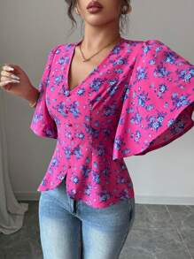 Elenzga Damen elegante Bluse mit floralem Muster, V-Ausschnitt, Rüschenabschluss am Saum und Taille, geeignet für den Arbeitsweg, Lässig, Reisen, Nachmittagstee, Frühling/Sommer - Kastanienbraun - Übersicht 6
