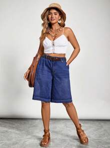 Freevana 大码破洞牛仔短裤，宽松版型，蓝色 - 深色水洗藍 - 查看 3