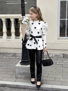 SHEIN Tween Girls Elegant Heart Pattern Fashionable Knitted Round Neck Long Sleeve Leg-Of-Mutton Sleeve Belted Peplum Tee T-Shirt With Ruffle Hem And PU Legging 2pcs Set, For Daily Wear,Back To School, Casual Occasions, For Autumn Winter