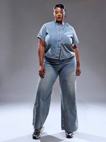 MUSERA Plus Size Crew Neck Boxy Fit Button Through Short Sleeve Denim Top Only Summer Streetstyle Vacation Holiday 90's Y2k Cute Casual City Muse Streetwear Back To School Office Work