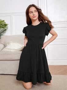 SHEIN Teen Girls Ruffle Trim Flounce Hem Dress - Black - View 4