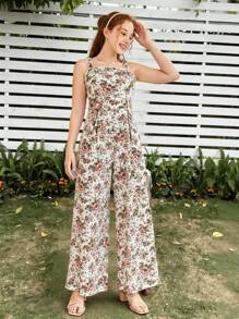 SHEIN Teen Girls Floral Print Wide Leg Cami Jumpsuit - Multicolor - View 6