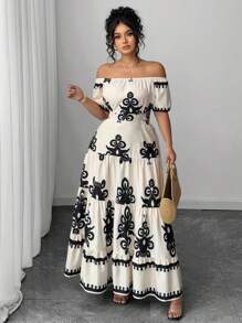 Elenzga Đầm trễ vai in họa tiết chéo thanh lịch - Màu be - Xem 3