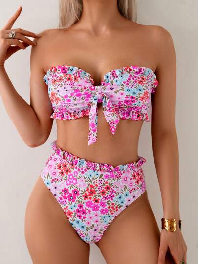 Swim Mod Spring/Summer Bestselling Ditsy Floral Beach 2pcs/Set Ruffle Bandeau Suit