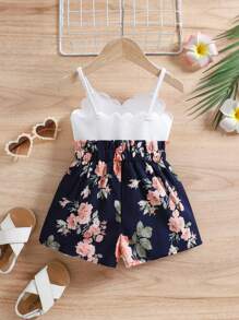 SHEIN Baby Girl Cute Holiday Color Block Stripe Romper, Summer - Navy Blue - View 2
