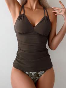 Swim Lushoire Random Print Cami Bikini Set, Elegant Tropical Pattern, Casual Outfit For Spring/Summer, Holiday, Beach, Party - Brown - View 3