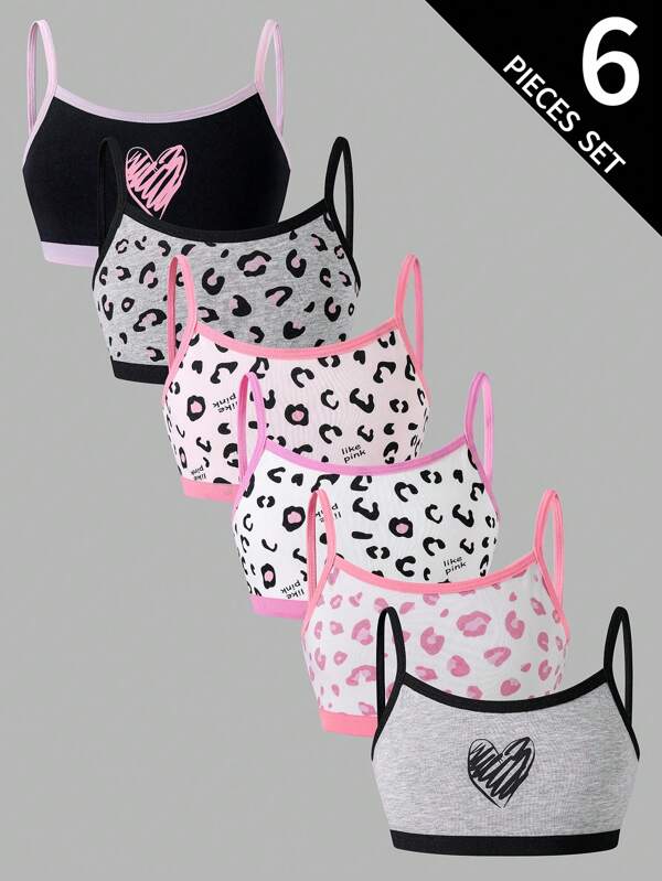 6pcs/Set Tween Girl Minimalist Heart Print Camisole Undergarments,Summer,Travel