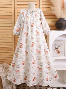 SHEIN 青少年女孩宽松休闲度假卡通图案圆领中长款荷叶边下摆罩衫连衣裙