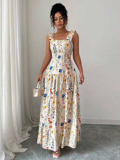 Rafferiza Đầm dài bo gấu in họa tiết thanh lịch cho nữ, dáng ôm eo