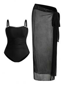 Swim Oasis Plus Size Women 2pcs Black Spaghetti Strap One Piece Swimsuit Set With Sarong Coverup For Summer Beach Vacation - Black - View 1
