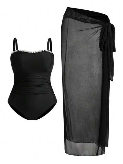 Swim Oasis Plus Size Women 2pcs Black Spaghetti Strap One Piece Swimsuit Set With Sarong Coverup For Summer Beach Vacation