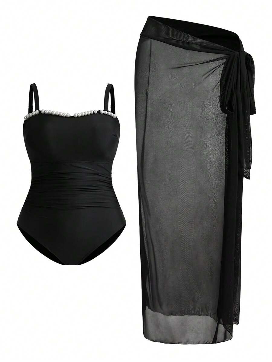 Swim Oasis Plus Size Women 2pcs Black Spaghetti Strap One Piece Swimsuit Set With Sarong Coverup For Summer Beach Vacation - Black - View 1