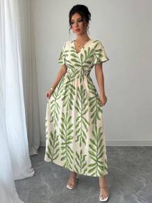 Selianne 女士春夏度假风沙滩裙，法式优雅喇叭袖褶皱抽绳腰部侧开衩A字裙，适合下午茶派对 - 綠色 - 查看 5