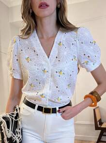 Pariaura 女式花卉印花泡泡袖单排扣时尚衬衫 - 白色 - 查看 6