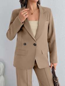 SHEIN Cottnline Damkostym med asymmetriskt, elegant set med dubbla knappar och kaffebrunt mönster - Beige - Visa 5