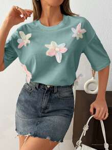 SHEIN Maglietta a maniche corte con applicazioni floreali, maglietta grafica stagionale estiva da donna