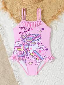 Traje de baño de una pieza para niñas, con tirantes ajustables, volantes, diseño de unicornio y aberturas de piernas con volantes