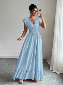 Elenzga 女士纯色荷叶边下摆长款度假海滩装连衣裙 - 淺藍色 - 查看 4