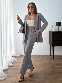 EURMUSE Women Solid Color Button Front Detailed Jacket And Pants Suit Sets - Light Grey - View 4