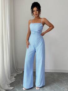 Rafferiza 女式优雅休闲条纹无袖连体裤，正面系带，褶饰细节 - 藍色 - 查看 6