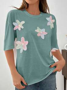 SHEIN Maglietta a maniche corte con applicazioni floreali, maglietta grafica stagionale estiva da donna