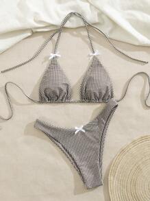 Swim Mod 2 件套女士性感露背吊带格纹印花泳衣套装，夏季新品 - 棕色 - 查看 3
