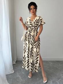 Selianne 女士度假雪纺法式优雅褶皱喇叭袖腰带可调节下摆开衩 A 字裙，适合海滩、下午茶派对 - 棕色 - 查看 5