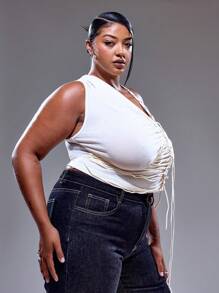 MUSERA Asymmetrisches Neckholder-Rüschen-Slinky-Ösen-Detail-Schnürung Figurbetontes Trägertop im Streetstyle-Urlaubslook der 90er Jahre Y2K, süß, lässig, City-Muse, Herbst-Winter