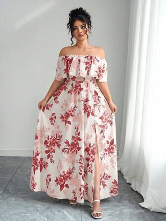 Elenzga Vestido largo de 2025 verano para mujeres de talla grande, estampado floral a la moda con hombros descubiertos, volantes en los hombros, cintura ajustada y efecto estilizador, adecuado para vacaciones, citas, ir al trabajo y viajes