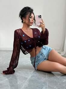 Elenzga Women's Hollow-Out Vacation Style Elegant Lace-Up Sequins Knit Cardigan, Suitable For Spring & Summer - Purple - View 1