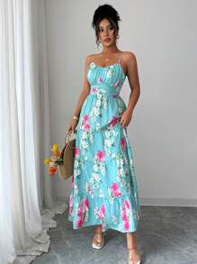 Selianne 波西米亚风无袖系腰印花中长连衣裙，适合女士、节日和夏季穿着 - 綠色 - 查看 4