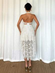 Gloray Women's Summer Dress French Holiday Sexy Halter Open Back Bowknot Waist Asymmetrical Hem White Lace A-Line Dress - White - View 2