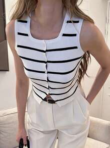 Pariaura Women's Sleeveless Striped Knit Top Casual Scoop Neck Rib-Knit Tank Top In Black And White Stripes Knit Pullover Fall Winter