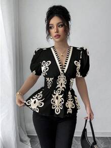 Chiquease 女式 V 领荷叶边抽绳腰短袖衬衫，休闲优雅印花衬衫，适合日常、工作、波西米亚风、音乐节、春夏季