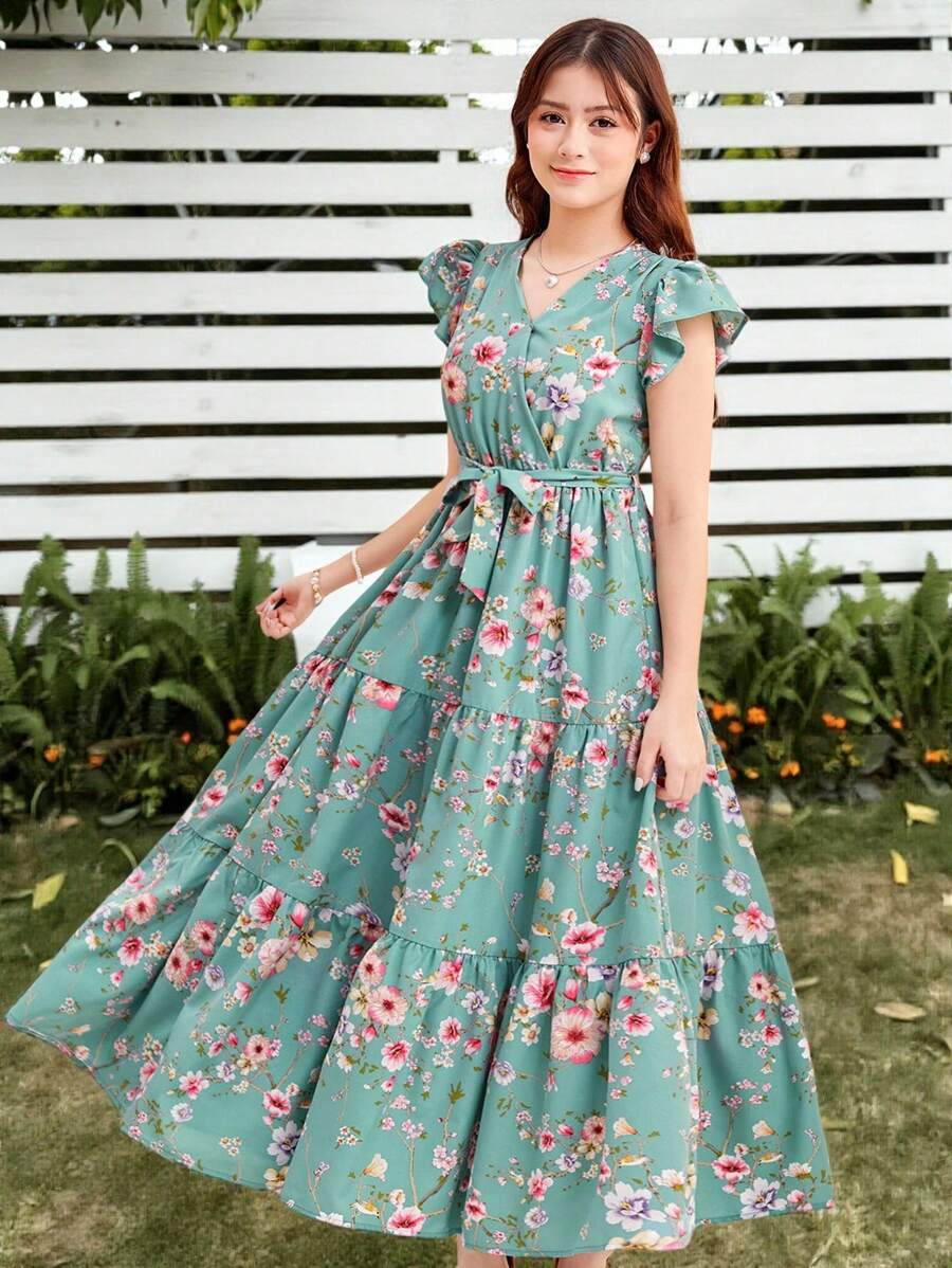 SHEIN Vestido informal para adolescentes con estampado floral, manga corta, escote en V y cintura con lazo - Verde - Ver 1